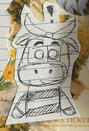A black ink sketch of a Ox wearing a striped shirt with an exclamation point over its head. The background is a collage of yellow flowers and other yellow items.